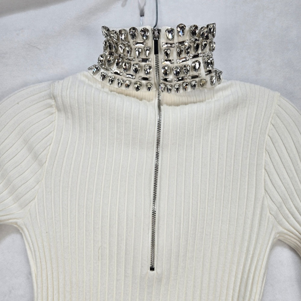 Bebe Maxi Dress Small Ribbed Knit Embellished Mock Neck Long Sleeve Glam #1654 - Picture 4 of 11